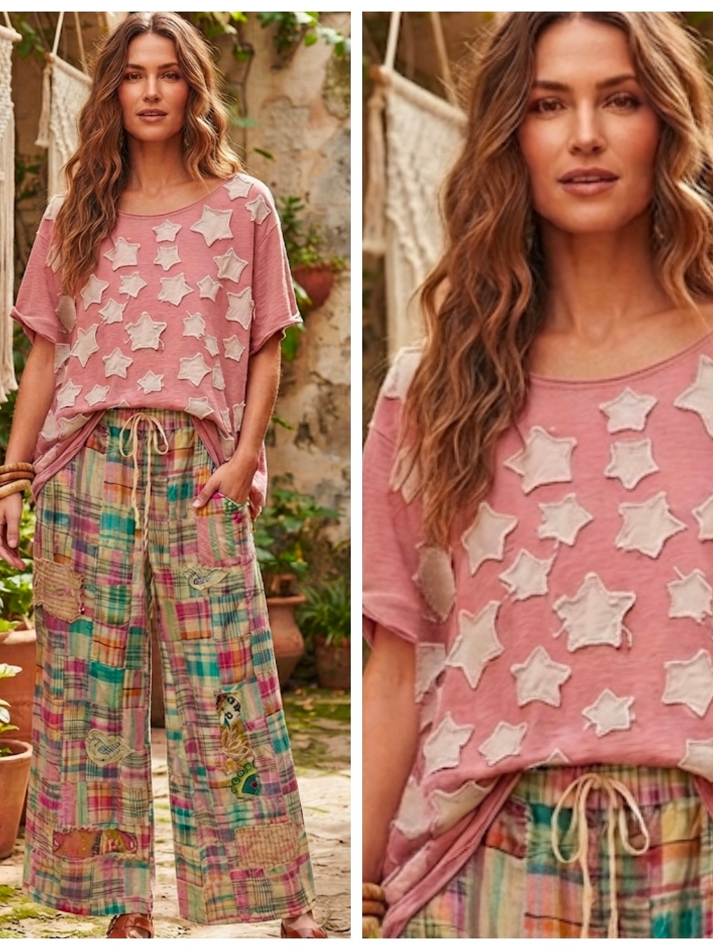 Womens Pink Short-Sleeve Star Appliqué Vintage Wash Tee